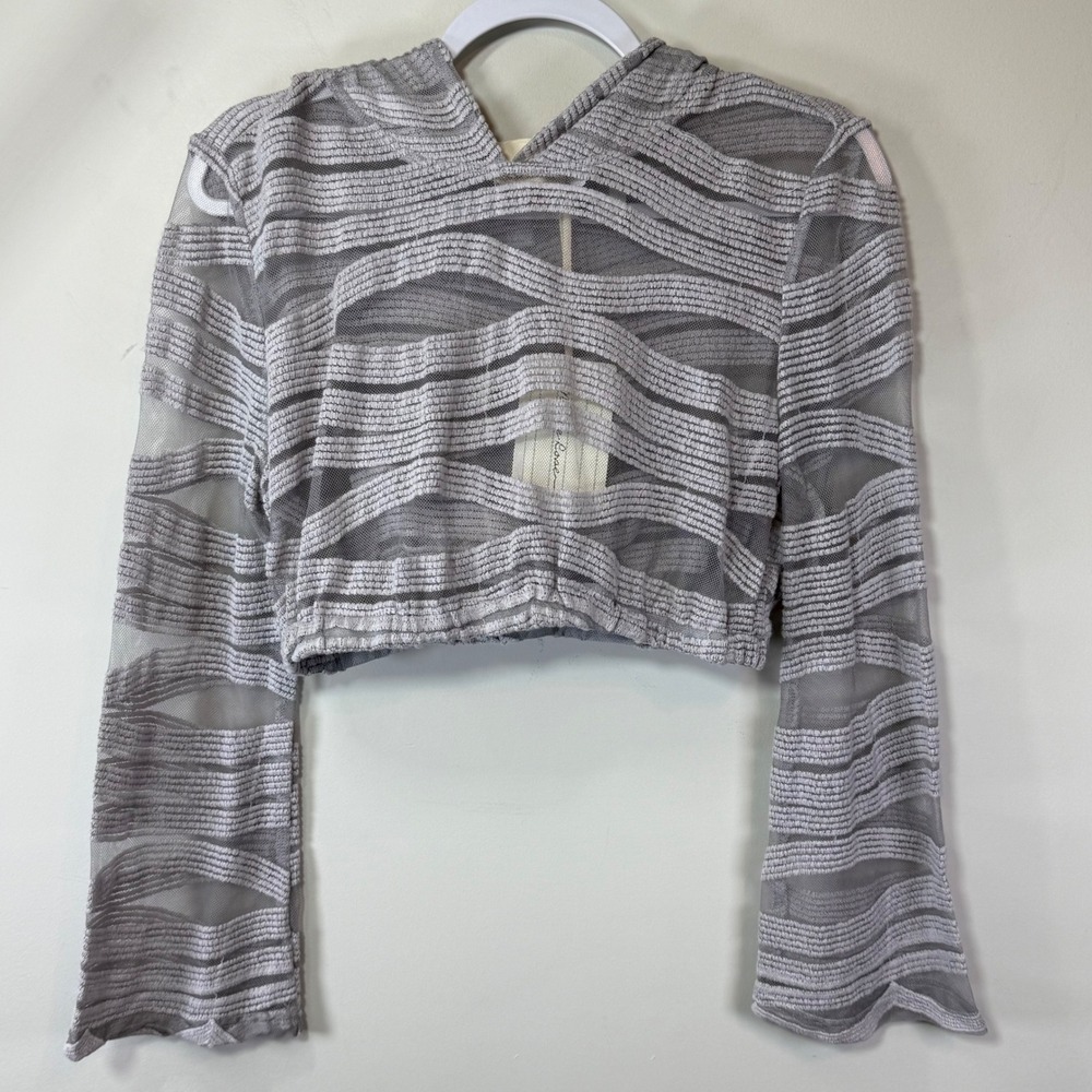 NWT‎ Native Rose Mesh Crop Hoodie Women Size 8 Grey NEW Sheer Textured Stripe